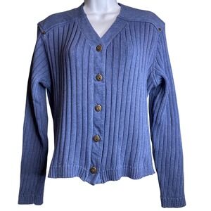 Vintage Saks Fifth Avenue Folio Womens‎ Blue Knit Ribbed Sweater Sz L Button Up